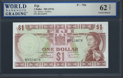 Fiji, P-071b, 1 Dollar, ND (1974), 62 TOP Uncirculated