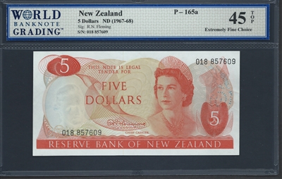New Zealand, P-165a, 5 Dollars, ND (1967-68), 45 TOP Extremely Fine Choice