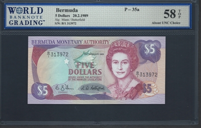 Bermuda, P-35a, 5 Dollars, 20.2.1989 Signatures: Mann/Butterfield 58 TOP About UNC Choice  