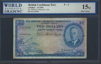 British Caribbean Territory, P-02, 2 Dollars, 1.9.1951 Signatures: McDavid/Robertson/Cuke 15Q Fine Choice