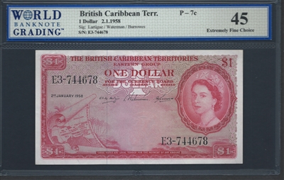British Caribbean Territory, P-07c, 1 Dollar, 2.1.1958 Signatures: Lartigue/Waterman/Burrowes 45 Extremely Fine Choice