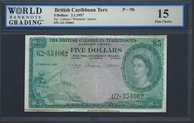 British Caribbean Territory, P-09b, 5 Dollars, 2.1.1957 Signatures: Lartigue/Waterman/Spence 15 Fine Choice