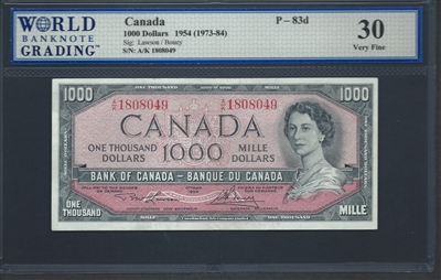 Canada, P-083d, 1000 Dollars, 1954 (1973-84) Signatures: Lawson/Bouey 30 Very Fine
