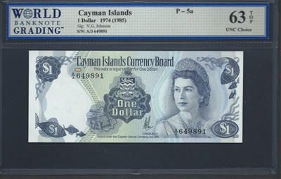Cayman Islands, P-05a, 1 Dollar, 1974 (1985) Signatures: V.G. Johnson 63 TOP UNC Choice