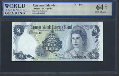 Cayman Islands, P-05e, 1 Dollar, 1974 (1985) Signatures: T.C. Jefferson 64 TOP UNC Choice