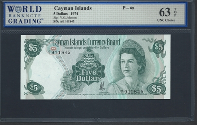 Cayman Islands, P-06a, 5 Dollars, 1974 Signatures: V.G. Johnson 63 TOP UNC Choice
