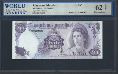 Cayman Islands, P-09a*, Replacement Note, 40 Dollars, 1974 (1981) Signatures: V.G. Johnson 62 TOP Uncirculated