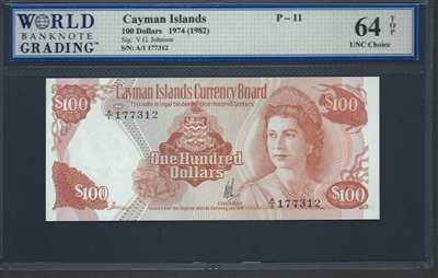 Cayman Islands, P-11a, 100 Dollars, 1974 (1982) Signatures: V.G. Johnson 64 TOP UNC Choice  
