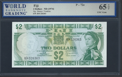 Fiji, P-072c, 2 Dollars, ND (1974) Signatures: Barnes/Tomkins 65 TOP UNC Gem