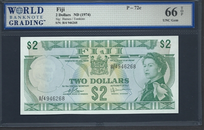 Fiji, P-072c, 2 Dollars, ND (1974) Signatures: Barnes/Tomkins 66 TOP UNC Gem