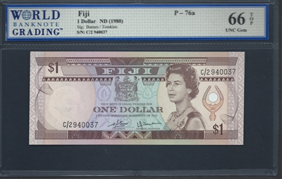 Fiji, P-076a, 1 Dollar, ND (1980) Signatures: Barnes/Tomkins 66 TOP UNC Gem