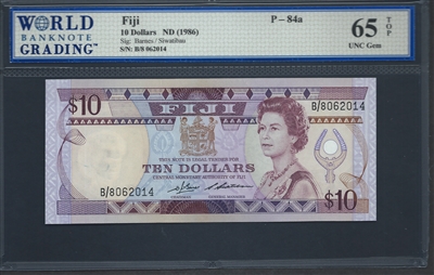 Fiji, P-084a, 10 Dollars, ND (1986) Signatures: Barnes/Siwatibau 65 TOP UNC Gem