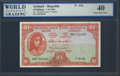 Ireland - Republic, P-63a, 10 Shillings, 7.10.1965, Signatures: Muimhneachain/Whitaker, 40 Extremely Fine