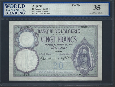 Algeria, P-78c, 20 Francs, 6.3.1941, Signatures: Sebald/de Roux, 35 Very Fine Choice