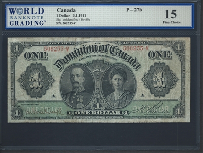 Canada, P-027b, 1 Dollar, 3.1.1911, Signatures: unidentified/Boville, 15 Fine Choice