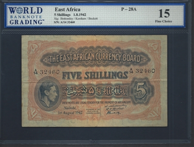 East Africa, P-28A, 5 Shillings, 1.8.1942, India Style Serial Numbers, Signatures: Bottomley/Kershaw/Beckett, 15 Fine Choice