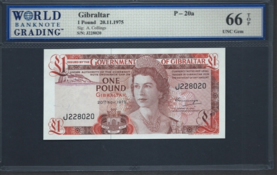 Gibraltar, P-20a, 1 Pound, 20.11.1975 Signatures: A. Collings 66 TOP UNC Gem  