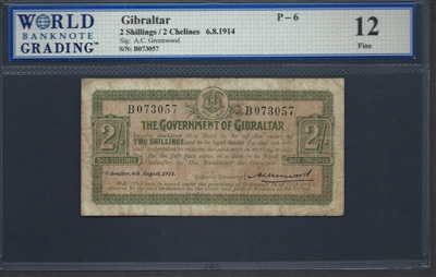 Gibraltar, P-06, 2 Shillings/2 Chelines, 6.8.1914 Signatures: A.C. Greenwood 12 Fine