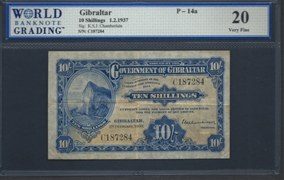 Gibraltar, P-14a, 10 Shillings, 1.2.1937 Signatures: K.S.J. Chamberlain 20 Very Fine  