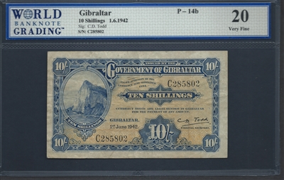 Gibraltar, P-14b, 10 Shillings, 1.6.1942 Signatures: C.D. Todd 20 Very Fine  
