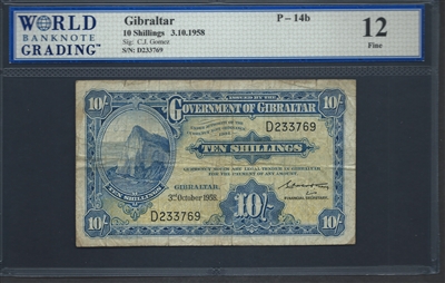 Gibraltar, P-14b, 10 Shillings, 3.10.1958 Signatures: C.J. Gomez 12 Fine  