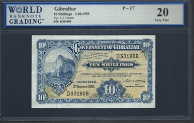 Gibraltar, P-17, 10 Shillings, 3.10.1958 Signatures: C.J. Gomez 20 Very Fine  