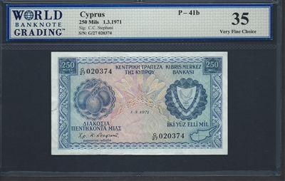 Cyprus, P-41b, 250 Mils, 1.3.1971 Signatures: C.C. Stephani 35 Very Fine Choice  