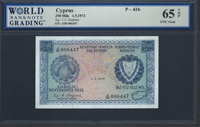 Cyprus, P-41b, 250 Mils, 1.5.1973 Signatures: C.C. Stephani 65 TOP UNC Gem  