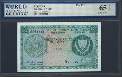 Cyprus, P-42b, 500 Mils, 1.5.1973 Signatures: C.C. Stephani 65 TOP UNC Gem  