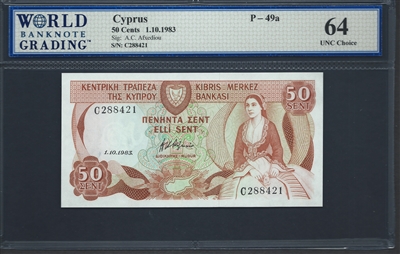 Cyprus, P-49a, 50 Cents, 1.10.1983 Signatures: A.C. Afxediou 64 UNC Choice  