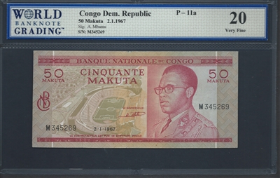 Congo Democratic Republic, P-11a, 50 Makuta, 2.1.1967 Signatures: A. Mbamu 20 Very Fine  