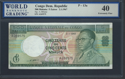Congo Democratic Republic, P-13a, 500 Makuta/5 Zaires, 2.1.1967 Signatures: A. Mbamu 40 Extremely Fine  