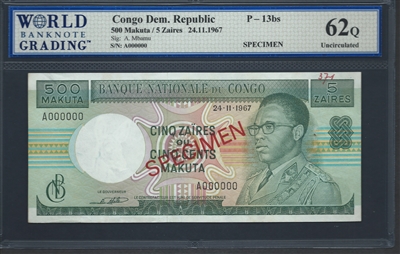 Congo Democratic Republic, P-13bs, Specimen Note, 500 Makuta/5 Zaires, 24.11.1967 Signatures: A. Mbamu 62Q Uncirculated  