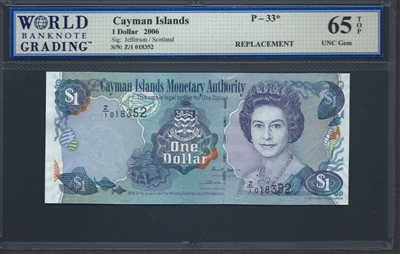 Cayman Islands, P-33*, Replacement Note, 1 Dollar, 2006 Signatures: Jefferson/Scotland 65 TOP UNC Gem  