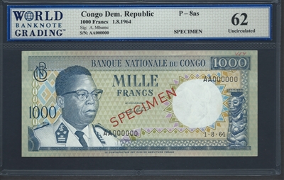 Congo Democratic Republic, P-08as, Specimen Note, 1000 Francs, 1.8.1964 Signatures: A. Mbamu 62 Uncirculated