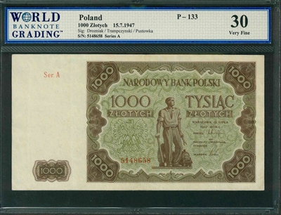 Poland, P-133, 1000 Zlotych, 15.7.1947, Signatures: Drozniak/Trampczynski/Pustowka, 30 Very Fine