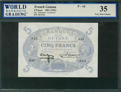 French Guiana, P-01d, 5 Francs, 1901 (1942), Signatures: Halleguen/Constantin, 35 Very Fine Choice