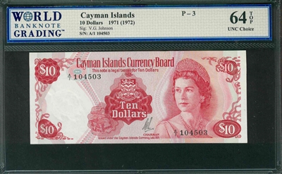 Cayman Islands, P-03, 10 Dollars, 1971 (1972), Signatures: V.G. Johnson, 64 TOP UNC Choice
