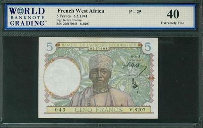 French West Africa, P-25, 5 Francs, 6.3.1941, Signatures: Keller/Poilay, 40 Extremely Fine