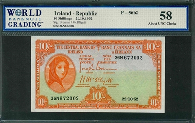 Ireland - Republic, P-56b2, 10 Shillings, 22.10.1952, Signatures: Brennan/McElligott, 58 About UNC Choice