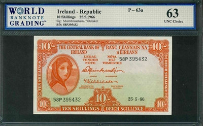Ireland - Republic, P-63a, 10 Shillings, 25.5.1966, Signatures: Muimhneachain/Whitaker, 63 UNC Choice