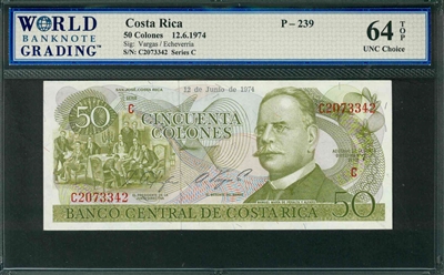 Costa Rica, P-239, 50 Colones, 12.6.1974, Signatures: Vargas/Echeverria, 64 TOP UNC Choice