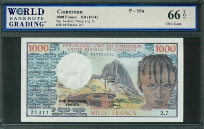 Cameroon, P-16a, 1000 Francs, ND (1974), Signatures: Joudiou/Ntang (sig. 5), 66 TOP UNC Gem