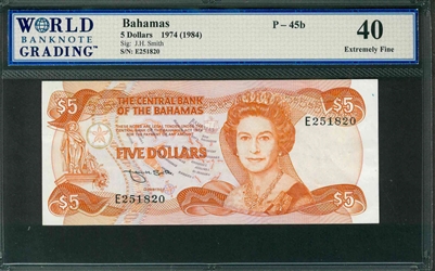 Bahamas, P-45b, 5 Dollars, 1974 (1984), Signatures: J.H. Smith,  40 Extremely Fine 