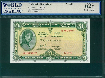 Ireland-Republic, P-64b, 1 Pound, 17.9.1970, Signatures: Whitaker/Murray,  62 TOP Uncirculated