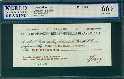 San Marino, P-S102, 200 Lire, 5.4.1976, Signatures: unidentified,  66 TOP UNC Gem 
