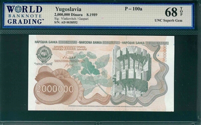 Yugoslavia, P-100a, 2,000,000 Dinara, 8.1989, Signatures: Vlatkovitch/Gaspari,  68 TOP UNC Superb Gem 