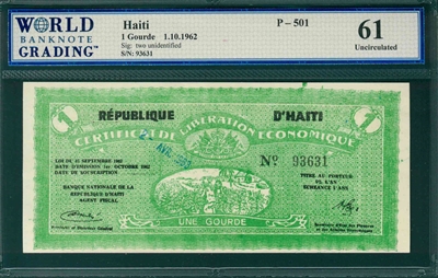 Haiti, P-501, 1 Gourde, 1.10.1962, Signatures: two unidentified,  61 Uncirculated, COMMENT:  staple holes 