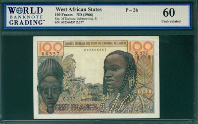 West African States, P-002b, 100 Francs, ND (1966), Signatures: M'Kaitirat/Julienne (sig. 5),  60 Uncirculated 