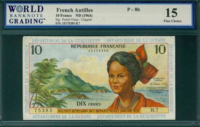 French Antilles, P-8b, 10 Francs, ND (1964), Signatures: Postel-Vinay/Clappier,  15 Fine Choice, COMMENT:  flattened 